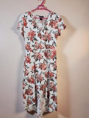 Floral Wrap Midi Dress - White with Coral Blooms